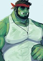 Rule 34 | 1boy, absurdres, bara, beard, chest hair peek, clenched hand, colored skin, covered erect nipples, facial hair, green skin, headband, highres, huge pectorals, large hands, looking to the side, male focus, mature male, monster boy, muscular, muscular male, orc, original, pectorals, red headband, ruslorc, see-through, shirt, short hair, solo, strongman waist, sweat, thick eyebrows, tusks, upper body, very sweaty, wet, wet clothes, wet shirt