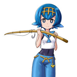 Rule 34 | 1girl, blue eyes, blue hair, blue one-piece swimsuit, blue pants, blue sailor collar, blush, breasts, closed mouth, covered navel, cowboy shot, creatures (company), crop top, female focus, fishing rod, game freak, hairband, hands up, happy, holding, lana (pokemon), light blush, looking at viewer, matching hair/eyes, nintendo, one-piece swimsuit, pants, pokemon, pokemon sm, sailor collar, shirt, short hair, shougun (chuckni1), simple background, sleeveless, sleeveless shirt, small breasts, smile, solo, standing, swimsuit, swimsuit under clothes, trial captain, white background, white shirt, yellow hairband