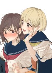 Rule 34 | 2girls, :d, @ @, absurdres, arisugawa bii, black eyes, blonde hair, blue sailor collar, blue skirt, blush, book, brown hair, chair, commentary request, ear blush, earrings, hand on another&#039;s shoulder, heart, heart-shaped pupils, highres, jewelry, looking at another, medium hair, multiple girls, neckerchief, nose blush, open mouth, original, parted lips, pleated skirt, red neckerchief, sailor collar, school chair, shirt, short hair, short sleeves, simple background, skirt, smile, stud earrings, symbol-shaped pupils, upper body, whispering in ear, white background, white shirt, yellow neckerchief