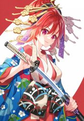 Rule 34 | 1girl, character request, closed mouth, commission, floral print, hair between eyes, highres, holding, holding sword, holding weapon, japanese clothes, katana, kimono, long sleeves, maou no hajimekata (dmm), nekozuki yuki, open clothes, red background, red eyes, red hair, red kimono, sheath, skeb commission, smile, solo, sword, two-tone background, unsheathing, watermark, weapon, white background, wide sleeves