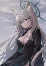 Rule 34 | 1girl, 1other, animal ear fluff, animal ears, bandaged arm, bandaged hand, bandages, black dress, blue archive, blue eyes, blue sky, breasts, cleavage, cloud, cloudy sky, commentary request, crying, crying with eyes open, day, dress, hair between eyes, hair ornament, halo, long sleeves, looking away, medium breasts, nanopai kakumeikokonoyu, outdoors, parted lips, shiroko (blue archive), shiroko terror (blue archive), signature, sky, tears, transparent, twitter username
