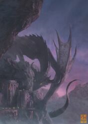 Rule 34 | animal focus, biagio d&#039;alessandro, building, cloud, cloudy sky, commentary, dragon, english commentary, fantasy, giant, giant monster, glowing, glowing eyes, grey sky, highres, horns, monster, mountain, no humans, original, outdoors, purple sky, realistic, scenery, sky, solo, tail, watermark, western dragon, wings, wyvern, yellow eyes