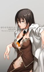 Rule 34 | 1girl, breasts, brown dress, brown eyes, brown hair, character name, cleavage, coat, commentary request, copyright name, dress, embla von prios, glasses, grey background, hair between eyes, k52, korean commentary, korean text, lab coat, lips, long hair, looking away, parted lips, simple background, solo, translation request, the war of genesis, white coat
