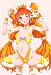 Rule 34 | 1girl, ;d, amanogawa kirara, bare shoulders, boots, breasts, clearite, cure twinkle, earrings, covered erect nipples, gloves, go! princess precure, highres, jewelry, long hair, looking at viewer, magical girl, one eye closed, open mouth, orange hair, pasties, precure, red eyes, small breasts, smile, solo, squatting, star (symbol), star earrings, star pasties, thigh boots, thighhighs, twintails, v, very long hair