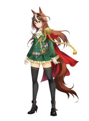 Rule 34 | 1girl, absurdres, animal ears, ascot, belt, black footwear, black thighhighs, blush, brown belt, buttons, cape, closed mouth, double-breasted, epaulettes, full body, gloves, green jacket, green skirt, hair between eyes, hair ornament, high heels, highres, horse ears, horse tail, jacket, long sleeves, looking at viewer, medal, miniskirt, multicolored hair, pink eyes, red cape, simple background, skirt, solo, standing, streaked hair, symboli rudolf (umamusume), tail, taka (takahirokun), thighhighs, umamusume, white ascot, white background, white gloves, zettai ryouiki