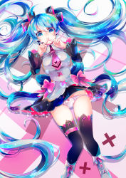 Rule 34 | + +, 1girl, absurdres, ahoge, black skirt, black thighhighs, blue eyes, blue hair, blush, boots, bow, buckle, crossed fingers, detached sleeves, from above, grey footwear, grey shirt, hair between eyes, hair ornament, hatsune miku, headset, highres, knee boots, knees together feet apart, leg belt, long hair, long sleeves, looking at viewer, lying, making-of available, miniskirt, necktie, on back, panties, pantyshot, pink bow, pink necktie, shirayuki towa, shirt, skirt, solo, tareme, thighhighs, twintails, underwear, upskirt, very long hair, vocaloid, white panties, x fingers