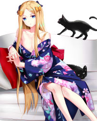 Rule 34 | 1girl, abigail williams (fate), absurdres, amaroku neko, blonde hair, blue eyes, blue kimono, bow, breasts, cat, cherry blossom print, cleavage, clothes down, collarbone, couch, fate/grand order, fate (series), floral print, hair bow, highres, interlocked fingers, japanese clothes, kimono, long hair, looking at viewer, multiple hair bows, open clothes, open kimono, orange bow, own hands together, parted bangs, pillow, print kimono, purple bow, shiny skin, simple background, sitting, small breasts, solo, very long hair, white background, yukata