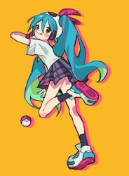 Rule 34 | 1girl, :q, aqua hair, black socks, creatures (company), edge 0605, full body, game freak, green hair, hat, hatsune miku, headphones, highres, leg up, long hair, looking at viewer, multicolored hair, nintendo, orange background, poke ball, poke ball (basic), pokemon, project voltage, psychic miku (project voltage), shirt, shoes, short sleeves, simple background, skirt, sneakers, socks, solo, tongue, tongue out, twintails, very long hair, vocaloid