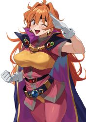 Rule 34 | 1girl, absurdres, alternate breast size, belt, black cape, blush, breasts, brown eyes, cape, cowboy shot, earrings, fang, gloves, highres, jewelry, large breasts, leotard, lina inverse, long hair, mm (yoromu), one eye closed, open mouth, orange hair, pantyhose, red pantyhose, red shirt, shirt, short sleeves, simple background, skin fang, slayers, smile, solo, white background, white gloves, yellow leotard, yellow shirt
