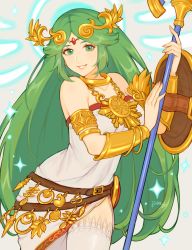 Rule 34 | 1girl, ancient greek clothes, armlet, bare shoulders, belt, belt buckle, breasts, buckle, chiton, circlet, collar, collarbone, commentary request, cowboy shot, dress, fingernails, green eyes, green hair, halo, highres, holding, holding staff, jewelry, jivke, kid icarus, large breasts, lips, long hair, looking at viewer, nintendo, palutena, parted lips, shield, sidelocks, signature, smile, solo, sparkle, staff, strapless, strapless dress, thighhighs, vambraces, very long hair, white dress, white thighhighs