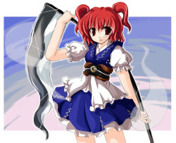 Rule 34 | 1girl, brown eyes, female focus, ghost, hitodama, onozuka komachi, open mouth, over shoulder, puffy sleeves, red hair, scythe, short hair, short sleeves, solo, touhou, twintails, two side up, weapon, weapon over shoulder, yuki usagi (yukinasou)
