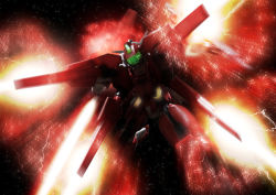 Rule 34 | beam cannon, commentary request, energy cannon, firing, green eyes, gundam, gundam 00, light particles, mecha, mobile suit, no humans, one-eyed, reborns cannon, robographer, robot, science fiction, solo, space, star (sky), weapon