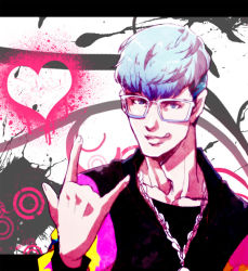 Rule 34 | 1boy, abstract background, bigbang, blue hair, glasses, heart, jewelry, k-pop, looking at viewer, male focus, necklace, solo, t.o.p (bigbang), tongue