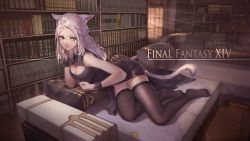 Rule 34 | 1girl, absurdres, animal ears, warrior of light (ff14), black dress, black thighhighs, bookshelf, breasts, cat ears, cat girl, cat tail, cleavage, cleavage cutout, closed mouth, clothing cutout, commentary request, copyright name, couch, cushion, dress, elbow rest, facial mark, final fantasy, final fantasy xiv, full body, heterochromia, highres, indoors, library, light particles, long hair, looking at viewer, miqo&#039;te, no shoes, on couch, red eyes, scar, scar across eye, scar on face, sleeveless, sleeveless dress, smile, solo, tail, thighhighs, whisker markings, white hair, wudiyishileiyu
