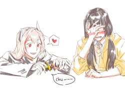 Rule 34 | 2girls, artist request, bad id, bad twitter id, banana (girls&#039; frontline), black hair, blush, dinergate (girls&#039; frontline), facepalm, girls&#039; frontline, heart, heart-shaped pupils, highres, jacket, kiss, m4 sopmod ii (girls&#039; frontline), multiple girls, pink hair, playing games, ro635 (girls&#039; frontline), symbol-shaped pupils, toy, twintails