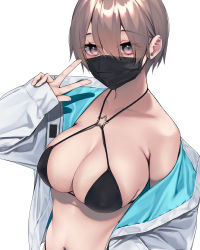 Rule 34 | 1girl, bad id, bad pixiv id, bikini, black bikini, breasts, brown hair, cleavage, commentary request, eyes visible through hair, hair between eyes, halterneck, jacket, large breasts, long sleeves, looking at viewer, mask, mouth mask, o-ring, o-ring bikini, off shoulder, open clothes, open jacket, original, rerrere, simple background, sleeves past wrists, solo, string bikini, swimsuit, upper body, v, white background, white jacket
