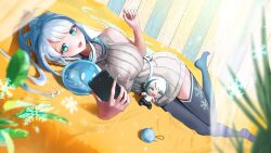 Rule 34 | 1girl, aqua eyes, blue hair, blurry edges, breasts, character doll, character request, commission, dress, fang, fingernails, grey thighhighs, highres, holding, holding phone, indie virtual youtuber, large breasts, long hair, lying, on side, open mouth, phone, pink pupils, ribbed sweater, sharp fingernails, single leg pantyhose, single thighhigh, skeb commission, sleeveless, sleeveless dress, slime (creature), snowflake print, snowflakes, solo, sparkling eyes, sweater, sweater dress, thighhighs, virtual youtuber, white sweater, yuarima2