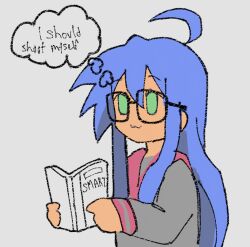 Rule 34 | blue hair, glasses, green eyes, grey background, highres, izumi konata, lucky star, meme, school uniform, squidmiku , thought bubble
