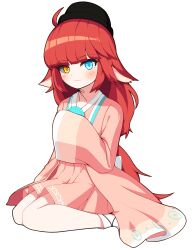 Rule 34 | 1girl, :3, absurdres, animal ears, black headwear, blue eyes, blush, closed mouth, commentary request, full body, heterochromia, highres, kaling, korean commentary, long hair, looking at viewer, maplestory, orange eyes, pink skirt, pleated skirt, red hair, simple background, sitting, skirt, socks, solo, sprout (haji s), very long hair, wariza, white background, white socks