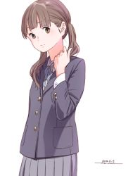 Rule 34 | 1girl, blue ribbon, brown hair, closed mouth, collared shirt, copyright request, cowboy shot, dated, grey jacket, grey skirt, hand up, highres, horikou, jacket, long sleeves, looking at viewer, neck ribbon, pleated skirt, ribbon, school uniform, shirt, signature, simple background, skirt, solo, twintails, white background, white shirt, wing cap