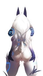 Rule 34 | 1girl, absurdres, animal ears, ass, backboob, black skin, body fur, breasts, colored skin, from behind, furry, furry female, hands on own ass, highres, kindred (league of legends), lamb (league of legends), large breasts, league of legends, long hair, lunecat, sheep ears, sheep girl, sheep tail, simple background, solo, tail, white background, white fur, white hair