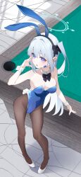 Rule 34 | 1girl, absurdres, alternate costume, animal ears, anohito401, armpits, bare shoulders, billiards, black bow, black bowtie, black pantyhose, blue archive, blue hair, blue halo, blue leotard, blush, bow, bowtie, breasts, collar, contrapposto, detached collar, earpiece, fake animal ears, full body, hair intakes, halo, hand on table, hand up, high heels, highleg, highleg leotard, highres, leotard, light blue hair, medium breasts, miyako (blue archive), one side up, open mouth, pantyhose, purple eyes, rabbit ears, rabbit tail, standing, strapless, strapless leotard, tail, white collar, white footwear, white wrist cuffs, wrist cuffs