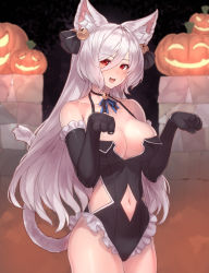 1girl, :d, absurdres, animal ear fluff, animal ears, bangs, bare shoulders, bell, black gloves, black leotard, blush, breasts, cat ears, cat girl, cat tail, cleavage, clothing cutout, collarbone, cosplay, cowboy shot, elbow gloves, embarrassed, eyelashes, frilled gloves, frilled leotard, frills, gloves, hair bell, hair between eyes, hair ornament, halloween, halterneck, highres, jack-o&#039;-lantern, jingle bell, king&#039;s raid, kirze, large breasts, leotard, lilia (king&#039;s raid), lilia (king&#039;s raid) (cosplay), long hair, looking at viewer, navel, navel cutout, neck bell, nervous smile, open mouth, paw gloves, paw pose, paws, red eyes, side cutout, silver hair, smile, solo, sweatdrop, swept bangs, tail, yu mochi (kamiinu)