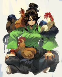Rule 34 | 1girl, absurdres, animal, animal on shoulder, bird, bird on lap, bird on shoulder, black hair, blue eyes, chicken, hair up, highres, indian style, long hair, looking at viewer, luny, original, rooster, shodan (luny doobles), sidelocks, simple background, sitting, smile