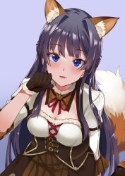 1girl animal_ear_fluff animal_ears black_gloves black_hair blue_eyes blush brown_corset brown_dress cleavage_cutout clenched_hand clothing_cutout collarbone corset dot_nose dress fake_animal_ears fake_tail fang fox_ears fox_tail fur-trimmed_dress fur-trimmed_gloves fur_trim gloves hand_up highres idolmaster idolmaster_million_live! idolmaster_million_live!_theater_days long_hair long_sleeves looking_at_viewer mogami_shizuka neck_ribbon parted_lips purple_background red_ribbon ribbon sidelocks simple_background smile solo tail tsubuan09 two-tone_dress upper_body white_dress