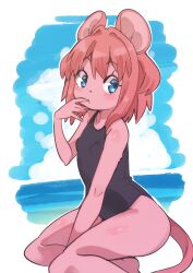 Rule 34 | 1girl, animal ears, beach, black one-piece swimsuit, blue eyes, body fur, cloud, commentary request, day, finger to mouth, furry, furry female, hand to own mouth, highres, mouse ears, mouse girl, mouse girl (yuuki (yuyuki000)), mouse tail, ocean, one-piece swimsuit, original, outdoors, pink hair, school swimsuit, short hair, sitting, sky, solo, swimsuit, tail, thighs, yuuki (yuyuki000)