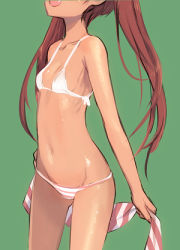 Rule 34 | 10s, 1girl, bikini, breasts, brown hair, dark-skinned female, dark skin, fang, head out of frame, kantai collection, libeccio (kancolle), lowres, navel, open mouth, shimada fumikane, simple background, small breasts, solo, striped bikini, striped clothes, swimsuit, twintails