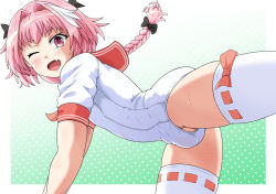 Rule 34 | 1boy, ;d, adapted costume, all fours, arm support, astolfo (fate), astolfo (sailor paladin) (fate), black bow, blush, border, bow, braid, bulge, commentary request, fang, fate/apocrypha, fate/grand order, fate (series), from side, gradient background, green background, hair bow, hair intakes, leg up, leotard, long hair, looking at viewer, looking to the side, male focus, multicolored hair, neckerchief, official alternate costume, one eye closed, open mouth, outside border, outstretched leg, panties, penis in panties, pink hair, pink neckerchief, polka dot, polka dot background, purple eyes, red ribbon, red sailor collar, ribbon, ribbon-trimmed thighhighs, ribbon trim, sailor collar, short sleeves, simple background, single braid, skindentation, sleeve cuffs, smile, solo, streaked hair, sweat, testicle peek, thighhighs, tomora, trap, two-tone hair, underwear, white border, white hair, white leotard, white thighhighs