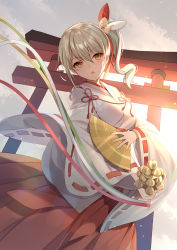 Rule 34 | 1girl, aki rinco, bell, bison cangshu, brown eyes, brown hair, cloud, commentary request, folding fan, hair between eyes, hair ribbon, hakama, hakama skirt, hand fan, highres, holding, holding fan, japanese clothes, jingle bell, kagura suzu, kimono, long sleeves, looking at viewer, outdoors, parted lips, project-sp, red hakama, red ribbon, ribbon, ribbon-trimmed sleeves, ribbon trim, side ponytail, skirt, sky, solo, sunset, torii, virtual youtuber, white kimono, wide sleeves