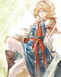 Rule 34 | 1girl, alice margatroid, blonde hair, blue dress, blue eyes, book, boots, bug, butterfly, capelet, dress, hairband, insect, kozou (soumuden), long sleeves, necktie, pantyhose, puffy sleeves, ribbon, sash, short hair, sitting, solo, sunlight, touhou, white pantyhose