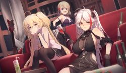 Rule 34 | 3girls, admiral hipper (azur lane), admiral hipper (muse) (azur lane), azur lane, bare shoulders, blonde hair, blush, breasts, couch, dress, green eyes, highres, itaco, large breasts, long hair, looking at viewer, medium breasts, multiple girls, official alternate costume, open mouth, orange eyes, prinz eugen (azur lane), prinz eugen (cordial cornflower) (azur lane), purple eyes, red wine, short hair, silver hair, sitting, small breasts, two side up, wine, z23 (azur lane), z23 (the banquet&#039;s honor student) (azur lane)