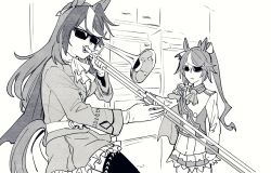 Rule 34 | 2girls, animal ears, breasts, character request, clenched hand, clothing cutout, epaulettes, gloves, greyscale, highres, horse ears, horse girl, horse tail, instrument, jacket, medium breasts, meme, monochrome, multiple girls, music, playing instrument, ponytail, single epaulette, skirt, sunglasses, tail, tail through clothes, takatsuki nato, thighhighs, trombone, umamusume, when mama isn&#039;t home (meme)