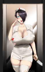Rule 34 | 1girl, :d, aqua eyes, black hair, breasts, cleavage, collarbone, commentary, cowboy shot, english commentary, hair over one eye, hat, highres, huge breasts, knife, looking at viewer, nurse, nurse cap, open mouth, original, red lips, saya (twrlare), short hair, short sleeves, smile, solo, torn clothes, torn legwear, twitter username, twrlare