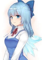 Rule 34 | 1girl, aged up, alternate hair length, alternate hairstyle, blouse, blue bow, blue dress, blue eyes, blue hair, blue theme, blush, bow, breasts, cirno, commentary request, commission, dress, from side, hair bow, ice, ice wings, long hair, long sleeves, looking at viewer, medium breasts, monrooru, neck ribbon, pinafore dress, red ribbon, ribbon, shirt, sidelocks, simple background, skeb commission, sleeveless dress, smile, solo, touhou, translation request, upper body, white background, white shirt, wing collar, wings