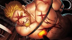 Rule 34 | 1boy, abs, arms behind back, bara, beard, blonde hair, blood, blood from mouth, blood on face, bound, bound arms, completely nude, facial hair, guro, gyee, highres, itto (mentaiko), large pectorals, leaning forward, male focus, markus (gyee), mature male, muscular, muscular male, navel, nipples, nosebleed, nude, official art, pectoral press, pectorals, rope, scar, scar across eye, scar on face, short hair, solo, spiked hair, spoilers, stomach, thick eyebrows, third-party source, torture, torture instruments
