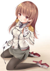Rule 34 | 1girl, bad id, bad nicoseiga id, black necktie, black pantyhose, breasts, brown eyes, brown hair, buttons, collared shirt, cosplay, double-breasted, epaulettes, gloves, grey shirt, grey skirt, highres, jacket, kantai collection, katori (kancolle), katori (kancolle) (cosplay), kneeling, large breasts, long hair, masayo (gin no ame), necktie, ooi (kancolle), open mouth, pantyhose, shirt, skirt, solo, white gloves, white jacket