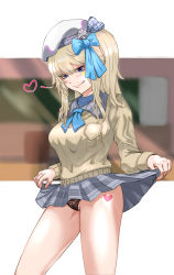 Rule 34 | 1girl, absurdres, bare legs, beret, black panties, blonde hair, blue bow, blue eyes, blue neckwear, bow, brown cardigan, cardigan, closed mouth, clothes lift, feet out of frame, girls&#039; frontline, girls&#039; frontline 2: exilium, grey skirt, hair bow, hat, heart, heart print, heart tattoo, highres, kepra iii, legs, long hair, looking at viewer, panties, simple background, skirt, skirt lift, smile, solo, standing, tattoo, tongue, tongue out, underwear, vepley (girls&#039; frontline 2), white hat