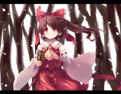 Rule 34 | 1girl, bow, brown hair, chestnut mouth, detached sleeves, female focus, hair bow, hakurei reimu, japanese clothes, letterboxed, miko, open mouth, orange eyes, perfect cherry blossom, shin (new), short hair, snow, solo, touhou