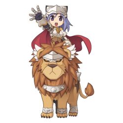 Rule 34 | 1girl, armor, black gloves, boobplate, breastplate, cape, chibi, cross, full body, gauntlets, gloves, grey hair, lion, looking at viewer, lord knight (ragnarok online), medium hair, official art, open mouth, pauldrons, purple eyes, ragnarok online, reaching, reaching towards viewer, red cape, riding, shoulder armor, simple background, solo, spiked gauntlets, teeth, transparent background, upper teeth only, v-shaped eyebrows, yuichirou