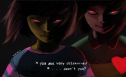 Rule 34 | 10s, 2015, androgynous, artist name, brown hair, chara (undertale), collared shirt, colored skin, dark persona, dual persona, english text, evil, evil smile, frisk (undertale), gender request, glowing, glowing eyes, heart, insaneisane, red eyes, shirt, smile, smirk, spoilers, striped clothes, striped shirt, undertale, upper body, yellow skin
