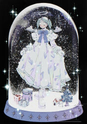 Rule 34 | 1girl, absurdres, an minami, angel, black background, blue hair, blue ribbon, boots, box, christmas, closed eyes, closed mouth, commentary, dress, english commentary, facing viewer, feathered wings, floral print, full body, gift, gift box, halo, highres, long hair, long sleeves, mittens, original, pine tree, ribbon, skirt hold, snow, snow globe, snowing, solo, sparkle, standing, tree, twintails, white dress, white footwear, white halo, white wings, wings