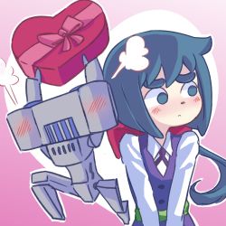 Rule 34 | 1girl, arms up, averting eyes, blue eyes, blue hair, bow, constanze amalie von braunschbank-albrechtsberger, embarrassed, hair bow, happy, heart, little witch academia, long sleeves, low ponytail, orenji (wholesomeorenji), pink background, red bow, robot, school uniform, simple background, solo, thick eyebrows