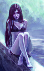 Rule 34 | 1girl, absurdres, backlighting, barefoot, bikini, breasts, collarbone, colored skin, crossed ankles, full body, head tilt, hellishburn, highres, leaning back, legs together, lips, long hair, looking at viewer, nose, overwatch, overwatch 1, purple background, purple bikini, purple lips, purple skin, realistic, sitting, small breasts, solo, swimsuit, widowmaker (overwatch), yellow eyes