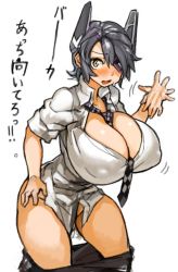 Rule 34 | 10s, 1girl, alternate breast size, between breasts, blush, bottomless, breasts, checkered clothes, checkered necktie, checkered neckwear, cleavage, clothes pull, collared shirt, covered erect nipples, eyepatch, hand on own hip, headgear, huge breasts, kantai collection, motion lines, necktie, necktie between breasts, no panties, open mouth, perky breasts, purple hair, sachito, shirt, short hair, simple background, skirt, skirt pull, solo, tenryuu (kancolle), thick thighs, thighs, translation request, waving, white background, yellow eyes