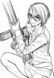 Rule 34 | 1girl, glasses, greyscale, gun, kneeling, long sleeves, matsuryuu, miniskirt, monochrome, on one knee, rifle, scope, short hair, simple background, sketch, skirt, solo, weapon, weapon request, white background