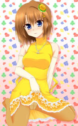Rule 34 | 00s, 1girl, bare shoulders, blue eyes, blush, breasts, brown hair, clothes lift, clubs, crotch seam, dress, dress lift, elbow gloves, flower, gloves, hair flower, hair ornament, heart, jewelry, lask, lyrical nanoha, mahou shoujo lyrical nanoha strikers, necklace, panties, panties under pantyhose, pantyhose, short hair, solo, spade, underwear, yagami hayate, yellow pantyhose